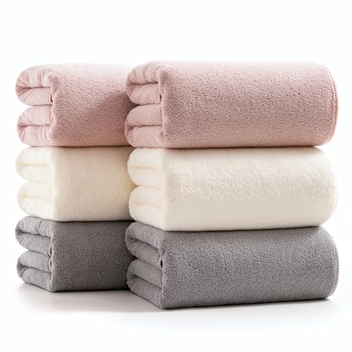 sakano 6-Piece Colorful Microfiber Bath Towel Set - Fast-Drying, Super Absorbent & Non Shedding Towels for Family, Gym, Spa and Salon -White+Pink+Light Gray, 28x55 Inches