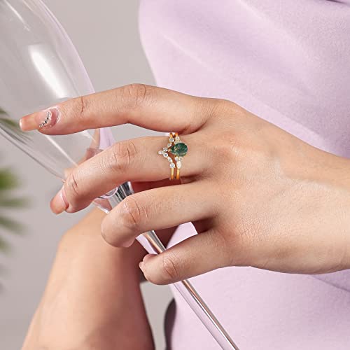 Geme Natural Moss Agate Gemstone Rings 925 Sterling Silver Rings For Women Pear-Shaped Moss Agate Engagement Rings Set With Moissanite Accents Wedding Rings Set Size 7 #TOP3