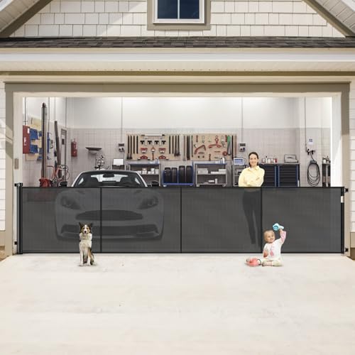 Image of Reinforced 200 Inch Extra Wide Retractable Baby Gates to Prevent Crawling Through, Indoor/Outdoor Baby Gates for Decks, 16 ft Mesh Retractable Fence/Barrier/Blocker/Screen Gate for Garage, Black