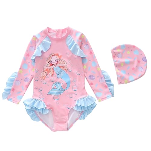 Traje de baño de Manga Larga para niñas con Ribete Floral y Volantes para el Sol, Ideal para niños pequeños y Grandes. (8-9 Years)