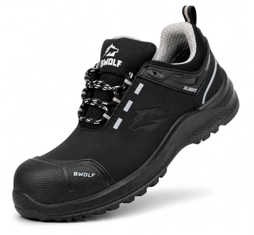 BWOLF Defender - Zapatos de seguridad para hombre de piel nobuck repelente al agua, puntera de Kevlar y entresuela antideslizante, Negro, 43 EU