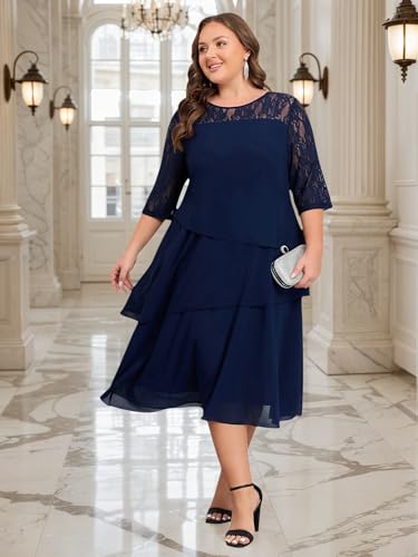ZNU Plus Size Wedding Guests Dresses for Women 2025 Summer Lace 3/4 Sleeve Chiffon Dress Tiered Layered Flowy Midi Dress3