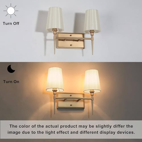 Image of KSANA Gold Bathroom Vanity Light Fixtures, 2-Light Modern Vanity Lights for Bathroom with White Fabric Shade, Bathroom Lights Over Mirror