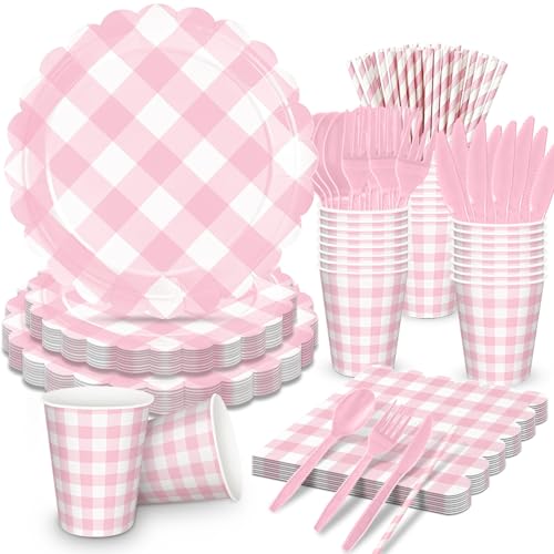 AWLZJZQA 192 PCS Gingham Party Supplies Serve 24 Guests Gingham Plates and Napkins and Cups for Birthday Decorations Baby Shower Checkered Party Supplies Dinnerware Sets for Girl Boy (Pink2)