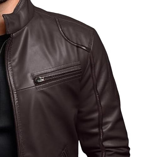 Men's Solid Color Leather Jacket Casual Zip-up Motorcycle Leathers Jackets Stand Collar PU Car Coat3