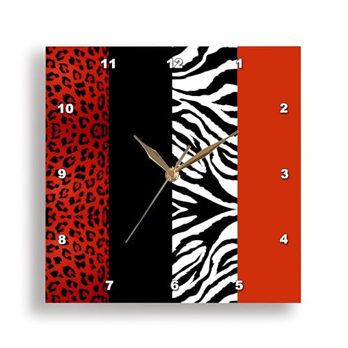 3dRose DPP_35438_3 Animal Print Leopard and Zebra Wall Clock, 15 by 15-Inch, Red/Black/Orange/White