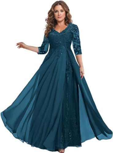 Sparkly Sequin Lace Mother of The Bride Dresses for Wedding 3/4 Sleeve Chiffon Long Prom Formal Evening Gown