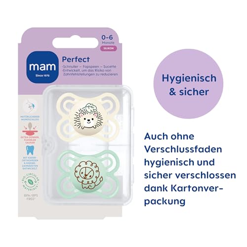 MAM Perfect Schnuller im 2er-Set, für eine gesunde Zahn- und Kieferentwicklung, Baby Schnuller aus nachhaltigen & bio-erneuerbaren Materialien, mit Schnullerbox, 0-6 Monate, Igel/Löwe