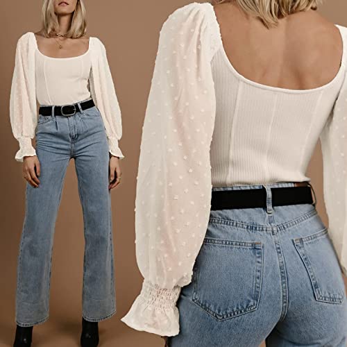 Women Square Neckline Puff Sleeve Top Shirts Polka Dot Long Mesh Sleeve Blouses Slim Knit Ribbed Elegant Tops Beige #TOP22