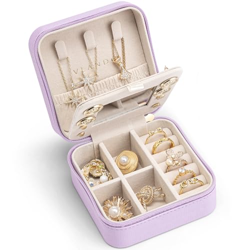 Vlando Small Travel Jewelry Box Organizer - Display Case for Girls Women Gift Rings Earrings Necklaces Storage with Mirror, Purple Classic Classic-pur