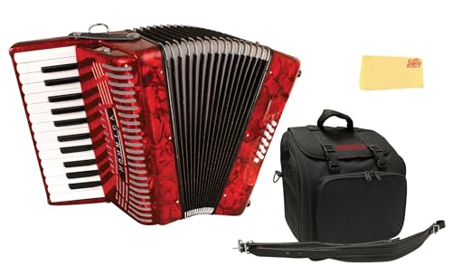 Hohner Hohnica 1303 12 Bass Piano Accordion - Pearl Red Bundle with Gig Bag, Straps, and Austin Bazaar Polishing Cloth