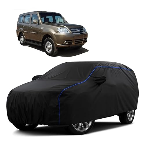 Image of Sulfar 100% Water Resistant Car Body Cover Compatible with Mirror for Tata Sumo Grand Dicor (Triple Stitched, Full Bottom Elastic, Black Tafetta with Blue Piping)