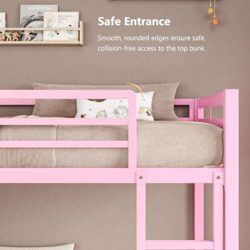 Image of iPormis Metal Bunk Bed Twin Over Twin, Heavy Duty Bunk with High Guardrail and Safety Entrance Design, Under-Bed Storage Space, Easy Assembly, Noise Free, Pink