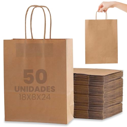 Pack 50 Bolsas de Papel Kraft Marrón con Asas Rizadas - Bolsas para Regalos, Comercios, Compras, Navidad y Celebraciones - Bolsas 100% Reciclables, Reutilizables - 18x8x24