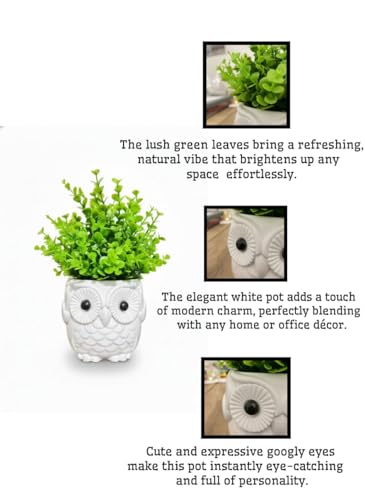Image of Modern Owl Ceramic Flower Pot with Artificial Greenery | Tabletop Decorative Planter for Home Decor, Office Desk, Bookshelf & Coffee Table