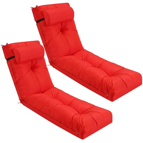 Wenqik Set of 2 Outdoor Chaise Lounge Cushions 76 x 22 x 6 Inch Waterproof Patio Furniture Chaise Cushion with Headrest Pillow Thick Tufted Lounge Pad for Lawn Pool Hotel(Hot Red)