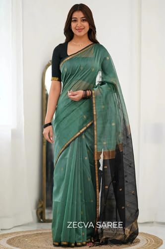Image of ZECVA Women's Pure Soft Spun Cotton Lichi Silk Saree For Women With Attach Unstitch Blouse Piece