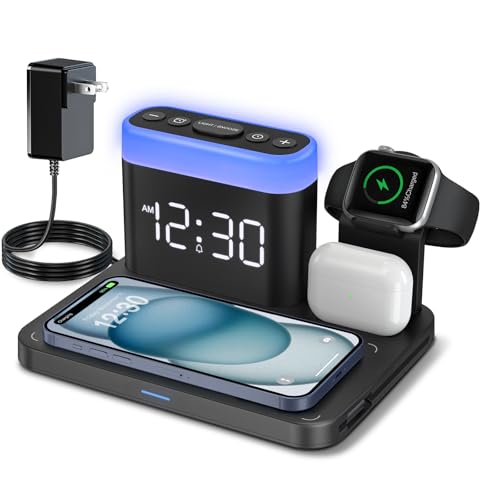 ANJANK Wirelss Charging Staion,3 in 1 Multiple Charger Stand with Alarm Clock,7 Night Light,Mag-Safe Charging Dock for iPhone 16 15 14 13 12 11 Pro Max Plus,Apple Watch10/9/8/7/Ultra/SE,for Airpods