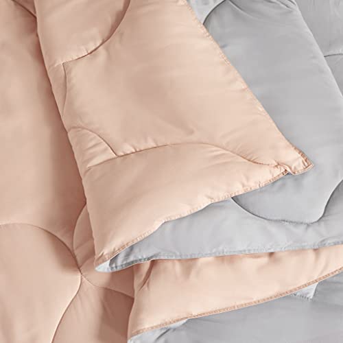 Image of Comfort Spaces Vince Reversible Bed In A Bag - Trendy Casual Geometric Quilted Cover, All Season Down Alternative Cozy Bedding, Matching Sham, Coral /Gray, Full 9 piece