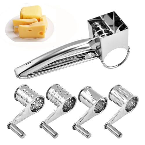 Cheese Grater, Stainless Steel Hand Crank Cheese Grater Comes with 4 Planer Heads & Stand, Suitable for Left and Right Handed People, Nuts, Ginger, Carrots