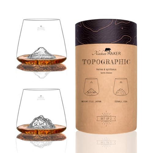 Alaskan MAKER Verres à Whisky 350ml (lot de 2) - Borosilicate de qualité supérieure soufflés artisanalement avec les montagnes en relief | Forme Tulipe | Spiritueux TOPOGRAPHIC (Fuji & Denali)