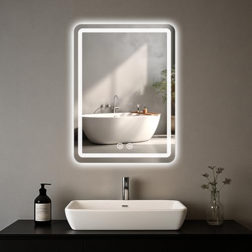 LED Bathroom Mirror, 16 x 24 Inch Anti-Fog Bathroom Mirror with L...