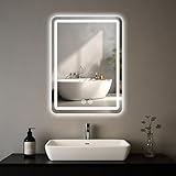 LED Bathroom Mirror, 16 x 24 Inch Anti-Fog Bathroom Mirror with Lights, Stepless Dimmable Lighted Bathroom Mirrors for Wall, Rectangle Bathroom Vanity Mirror with Front and Backlight, Vertically Only
