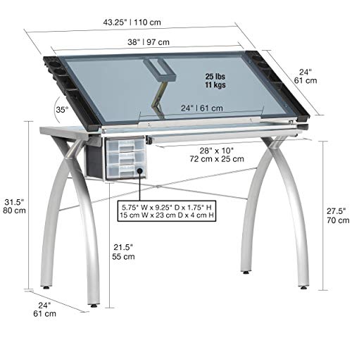 Studio Designs Futura Craft And Drawing Station - 38" W X 24" D Tempered Blue Glass Drafting Table & Modern Premier Metal Tray For Art/Craft Table, 36 Inch, Black #TOP2