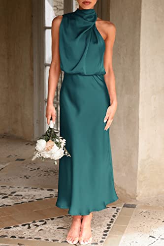 Image of PRETTYGARDEN Women's 2026 Summer Satin Dress Elegant Sleeveless Mock Neck Cocktail Party Maxi Dresses