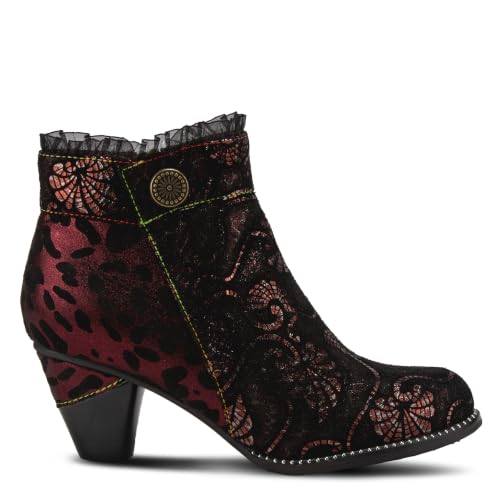 L`Artiste Dessa Women’s Leather Bootie with Metallic Suede, Animal Print Textile, Taffeta Ruffle Collar, Antiqued Button, Rainbow Stitch Cone Heel, Almond Toe BORDEAUX MULTI EU 39 / US 8.5 by Spring Step L'Artiste - Used condition - Image 6