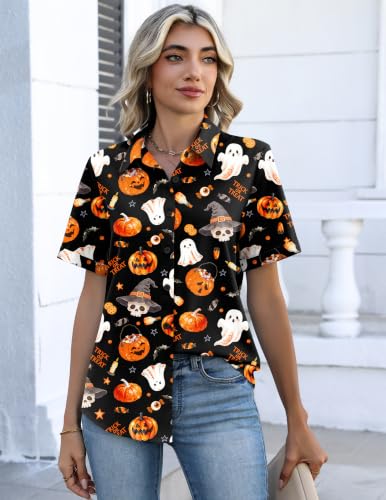 Image of Zeagoo Halloween Shirts Women Short Sleeve Fall Tops Button Down Blouses