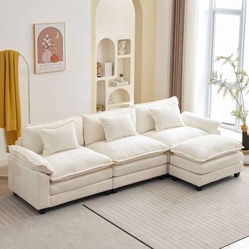 L Shape Sofa Comfy Sectional Cloud Couch for Living Room with Pillows, Modern Chenille Sofa Sleeper Deep Couches with Ottoman (Cream White, 4-Seat)