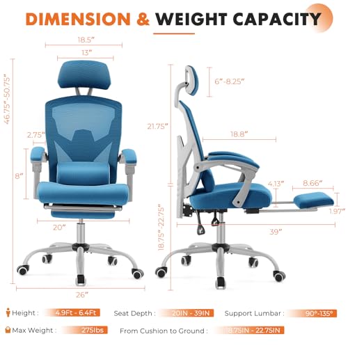 Image of Sweetcrispy Office Computer Desk Chair, Ergonomic High-Back Mesh Rolling Work Swivel Chairs with Wheels, Comfortable Lumbar Support, Comfy Arms for Home, Bedroom, Study, Student, Blue