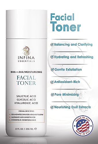 Infina Essentials Toner For Face, Big 8 Fl Oz - Revitalizing Facial Toner With Salicylic Acid, Glycolic Acid & Natural Extracts - Optimal Formula For Clear, Smooth, & Glowing Face #TOP1