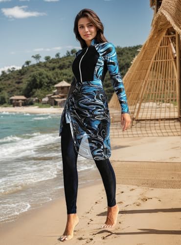 BananaHome Burkini Swimsuits for Women Muslim Long Sleeve Built-in Bra Swimming Tops Swimming Pants Full Cover Swimwear (UAE/KSA, Alpha, S, Regular, Regular, Black-A)