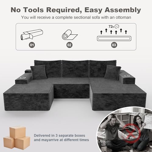 Image of Cloud Modular Sectional Couch with Ottoman, Comfort U Shaped Sofa Built-in Cup Holder & Storage Pocket for Living Room Bedroom, No Assembly Required (Dark Gray, Left Facing Chaise)