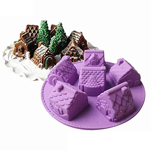 Joyeee 1 Pack Silicone House Mold, 6 Cavity Non-Stick Cozy Village Baking Pan, Christmas House Castle Cake Molds for Brownies, Jelly, Pudding, Cupcake, Ice-Cream
