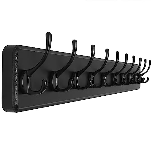 Image of SKOLOO Large Black Wall Mounted Coat Rack - 38.6'' Long Coat Rack for Wall, Pine Solid Wood Coat Hook Hanger - 10 Hooks for Hanging Clothes Backpack Coats