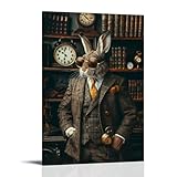 Póster de conejo steampunk para pared, diseño antropomórfico de conejo en traje marrón con gafas de sol, fondo de reloj vintage, decoración caprichosa para sala de estar, oficina, entrada, rincón de