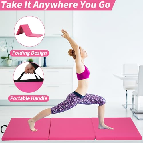 BLKMTY Gymnastics Mats - 2'x6' Folding Exercise & Yoga Mat with Carrying Handles for Kids' Tumbling & Home Gym, Pink