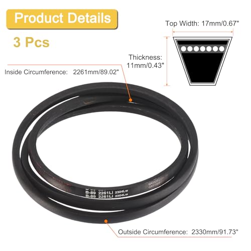 Image of uxcell 3 Pack B89 Classic Wrapped V-Belt, 92 inch Outside Circumference Wrapped Industrial Rubber V-Belt B Profile V-Belt for Industrial Machinery Equipment, Black