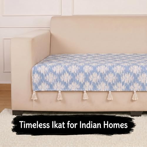 Image of STITCHNEST 'Verdant Ikat Stories' 3 Seater Sofa Cover| Elegant Jacquard Fabric, Decorative Tassels, Washable & Durable for Modern Living