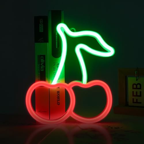 Image of Cherry Neon Sign for Wall Decor Red Green Cherry Lights LED Signs Gift for Women Fruit Shape Neon Signs Cereza Birthday Party Home Bathroom Living Room Bar Decoration USB /Battery Powered
