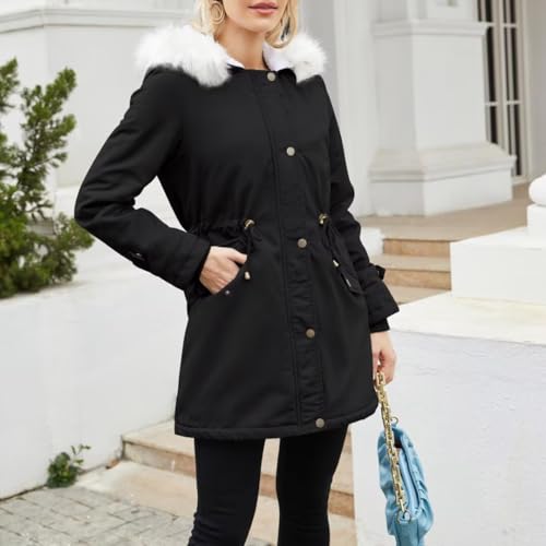 KaloryWee Summer Winter Coats Women Warm Faux Fur Lining Hooded Coat Ladies Plus Size Thicken Jackets Mid-Long Outwear (UK, Alpha, L, Regular, Regular, White)