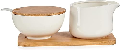 Elegant Ceramic Cream Milk Jug and Sugar Bowl Serving Set with Spoon & Wooden Tray for Tea & Coffee - Image 2