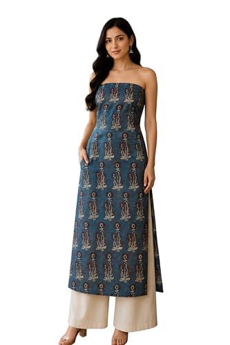 Image of Ethnics of Kutch Women's Ajrakh Mashru Silk Natural Dye Hand Block Print Unstitched Kurta Fabric Mtr Length (3 Mtrs - Indigo 07C02A)