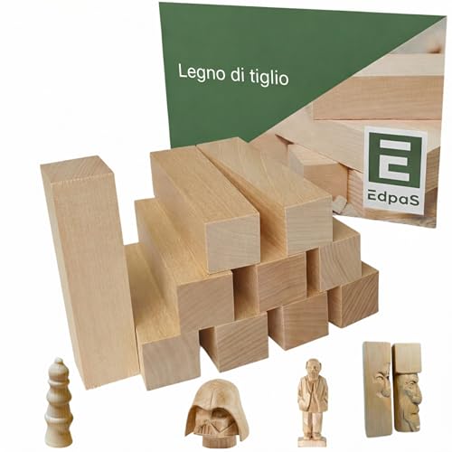 Edpas Blocchi per intaglio in legno di tiglio – 10 pezzi di blocchi di legno + modello per intaglio – Blocchi pratici per tornire e intagliare Intaglio del legno per bambini