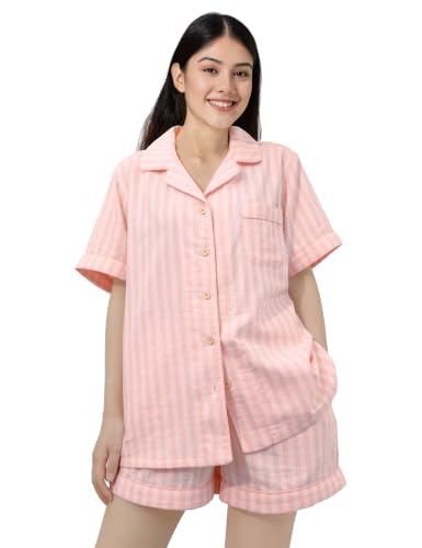Image of Womens Muslin Pajama Sets 100% Cotton Double Gauze Linen Like Short Pjs | Breathable Soft Comfort Button Up Loungewear Sleepwear PJ Set