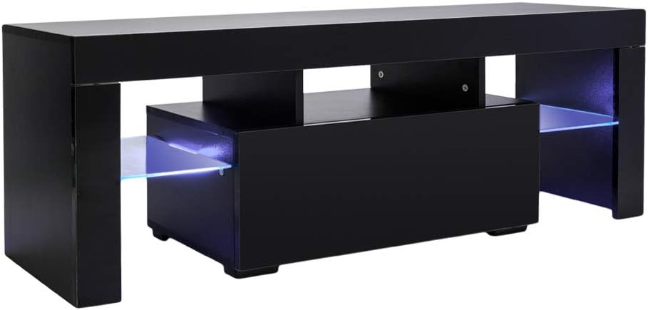 HopeHope Entertainment Armoires Modern TV Stand with LED Light Wood Television Stand Media Storage Console Cabinet with Drawer and Shelves Entertainment Center Living Room Bedroom Furniture - Black