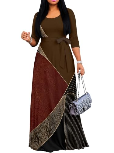Image of Women's V Neck Floral Maxi Dress 3 /4 Sleeve Plus Size Boho Wrap Flowy Long Dresses with Belt